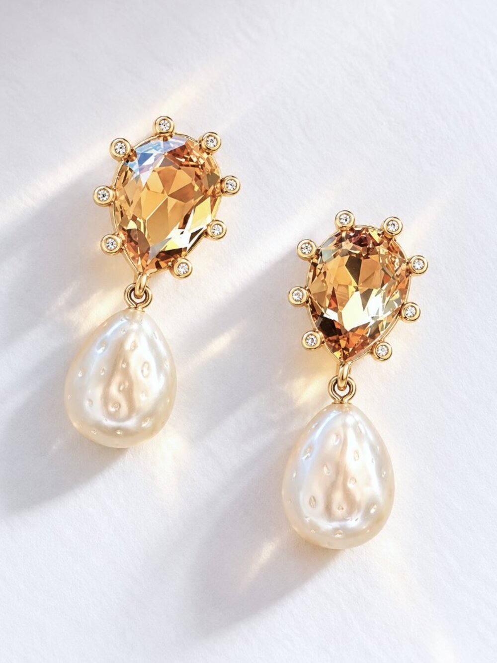 Oscar de la Renta Crystal Pearl Drop Earrings Gold Statement Wedding Earrings